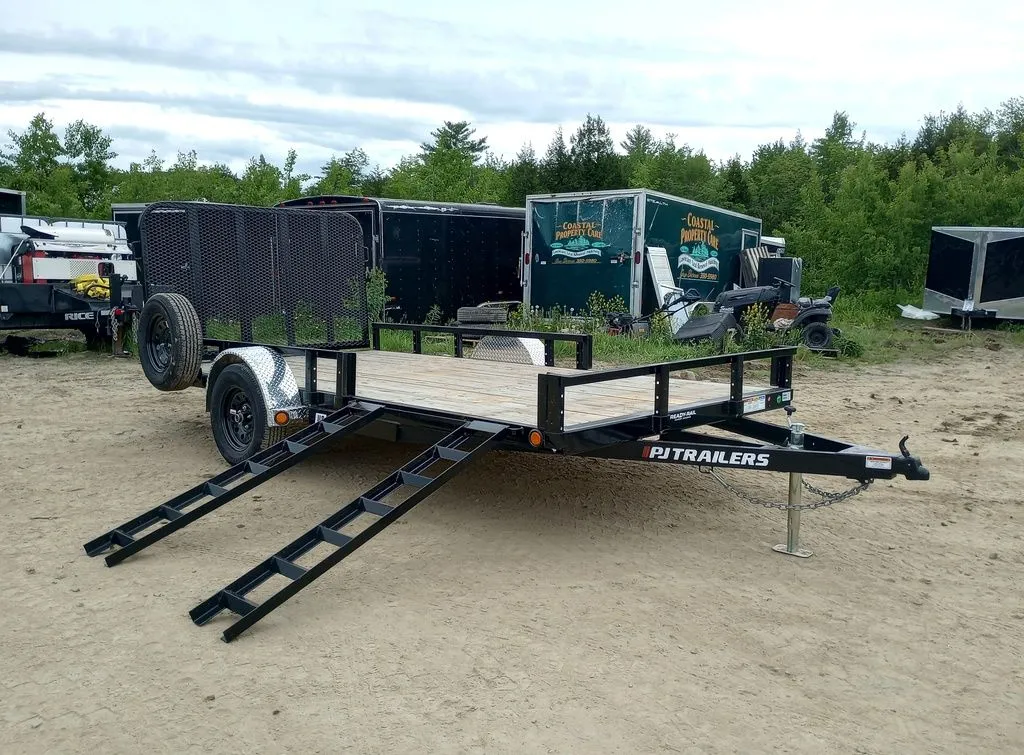 2024 PJ Trailers 7×14 Powder Coated Open Utility w/Rear Ramp Gate, ATV Side Loading Ramps