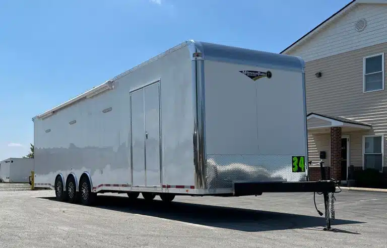 Enclosed Car Trailer 2025 34ft. w/Large Corner Bathroom, Electric Awning, Aluminum Wheels, & More! 0178